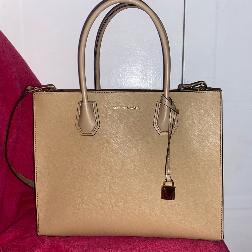 Mercer Large Saffiano Leather Tote Bag in Beige